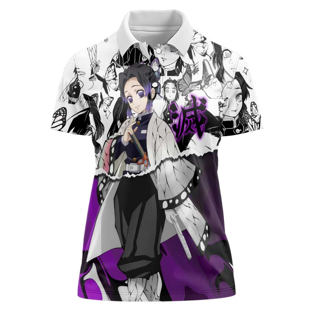 Shinobu Kocho Demon Slayer Butterfly Theme Women Polo Shirt with Purple Accents and Manga Collage Design - The Mazicc
