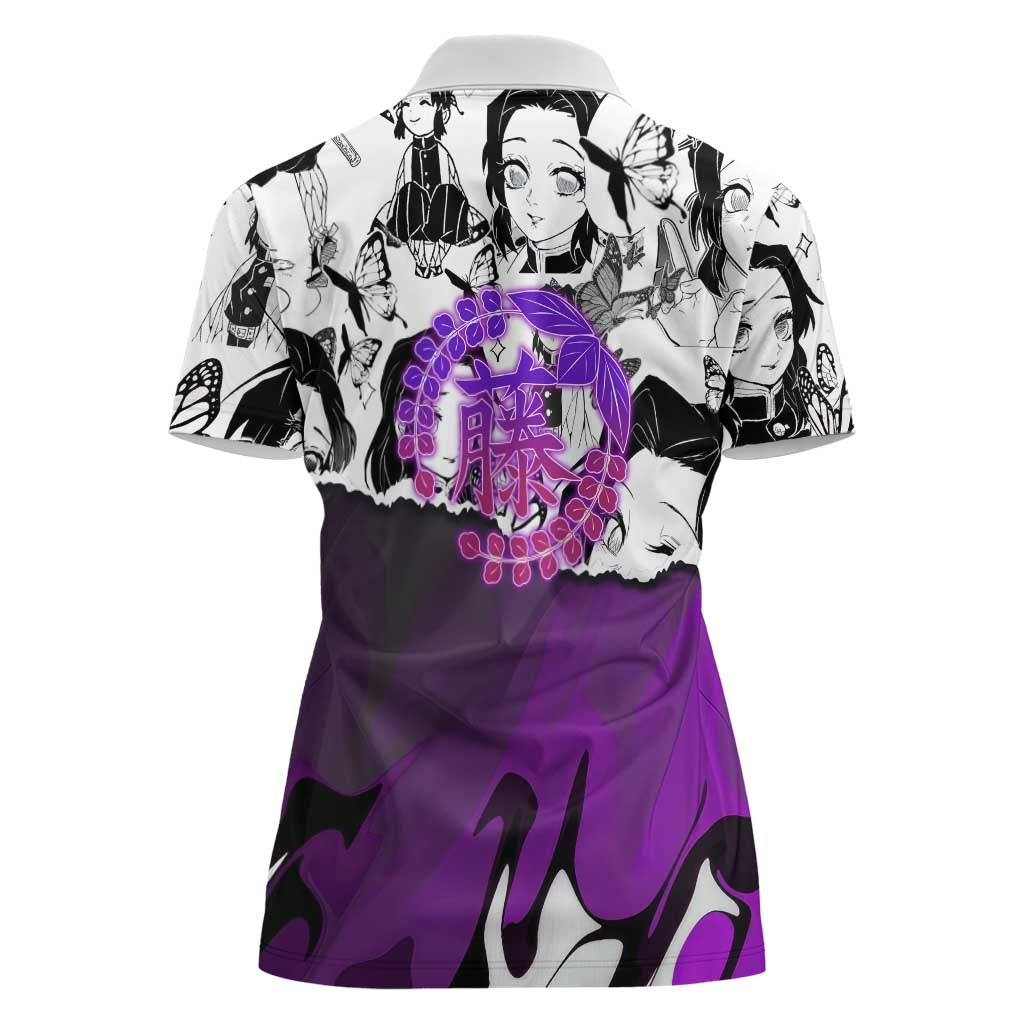 Shinobu Kocho Demon Slayer Butterfly Theme Women Polo Shirt with Purple Accents and Manga Collage Design - The Mazicc