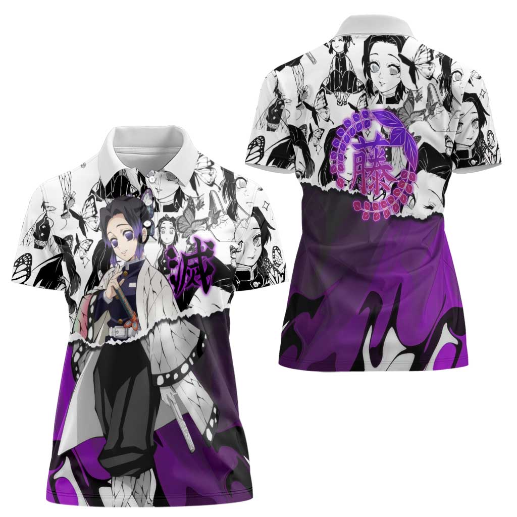 Shinobu Kocho Demon Slayer Butterfly Theme Women Polo Shirt with Purple Accents and Manga Collage Design - The Mazicc