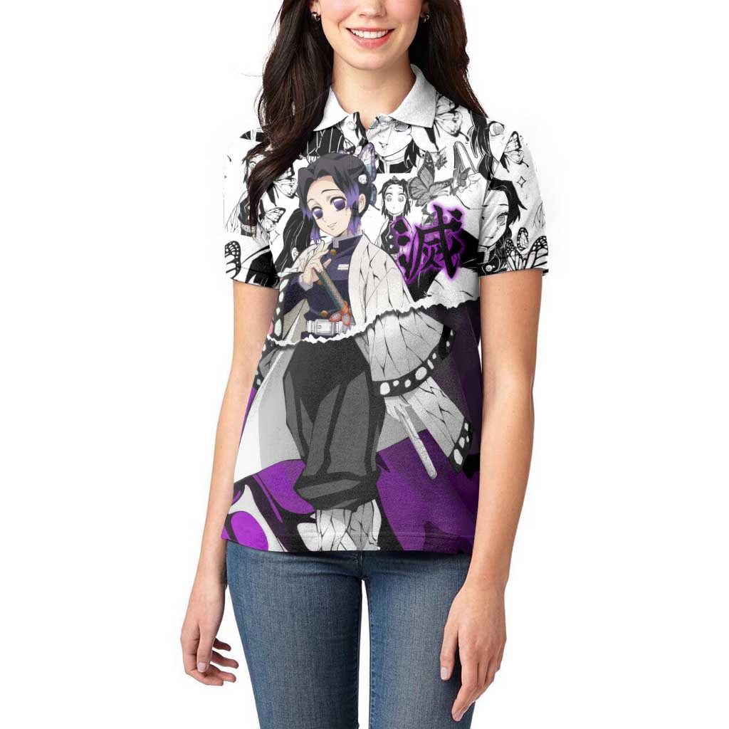 Shinobu Kocho Demon Slayer Butterfly Theme Women Polo Shirt with Purple Accents and Manga Collage Design - The Mazicc