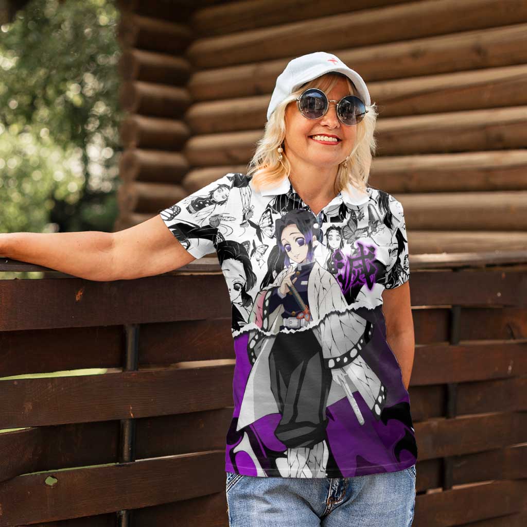 Shinobu Kocho Demon Slayer Butterfly Theme Women Polo Shirt with Purple Accents and Manga Collage Design - The Mazicc