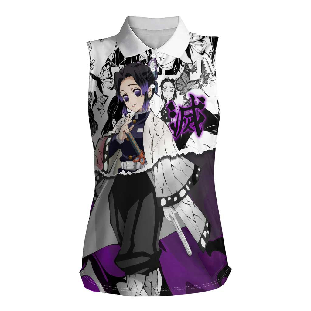 Shinobu Kocho Demon Slayer Butterfly Theme Women Sleeveless Polo Shirt with Purple Accents and Manga Collage Design - The Mazicc