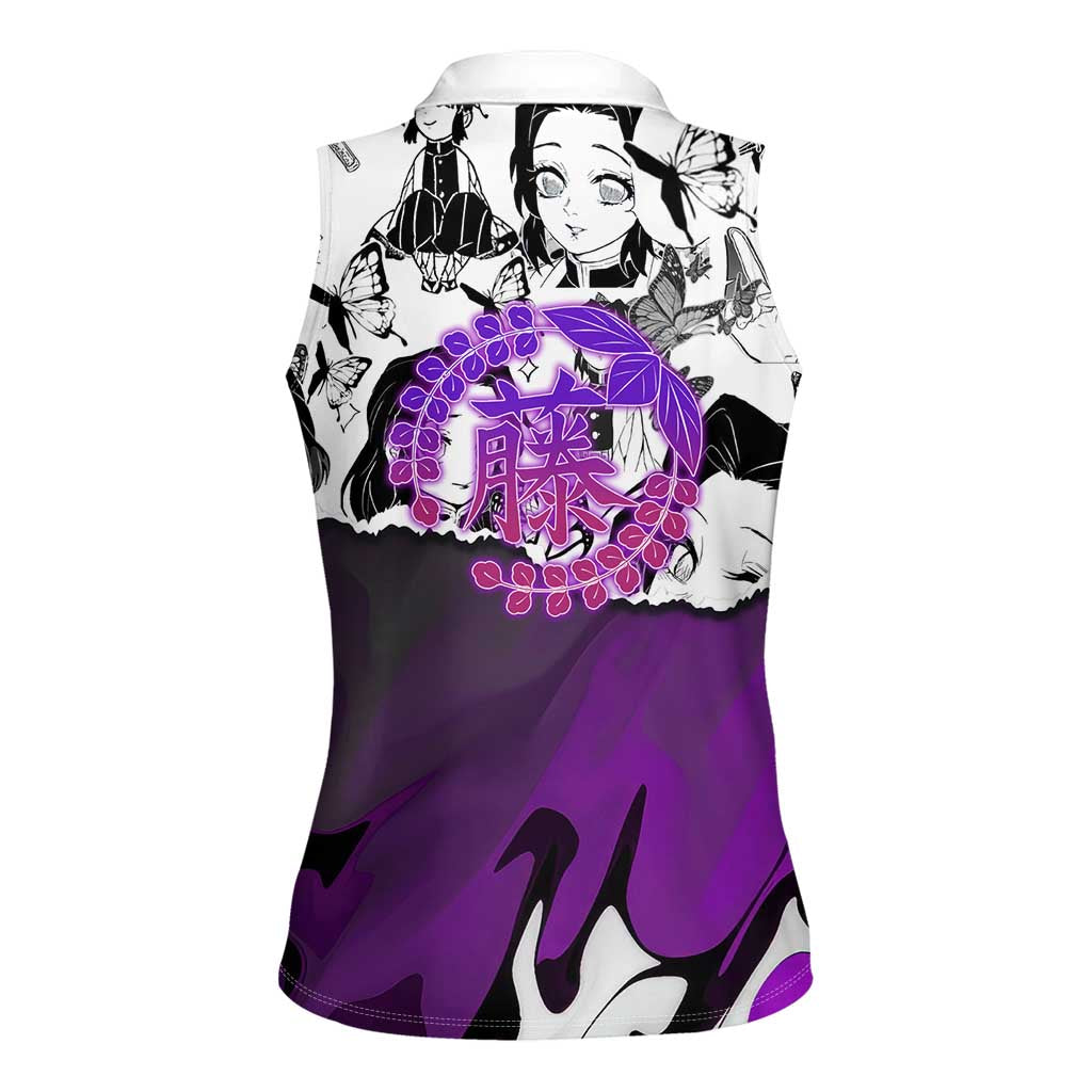 Shinobu Kocho Demon Slayer Butterfly Theme Women Sleeveless Polo Shirt with Purple Accents and Manga Collage Design - The Mazicc