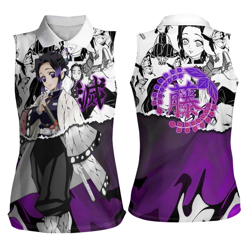 Shinobu Kocho Demon Slayer Butterfly Theme Women Sleeveless Polo Shirt with Purple Accents and Manga Collage Design - The Mazicc