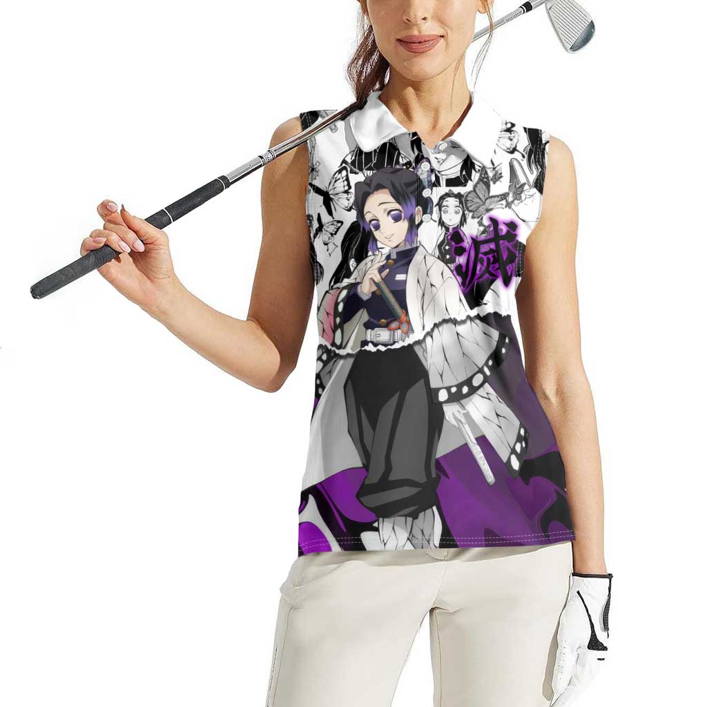Shinobu Kocho Demon Slayer Butterfly Theme Women Sleeveless Polo Shirt with Purple Accents and Manga Collage Design - The Mazicc