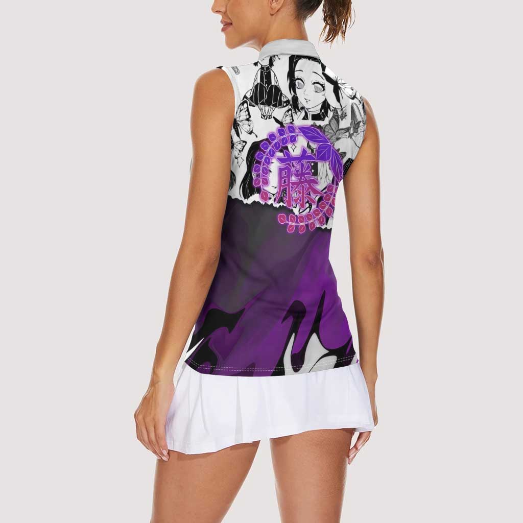 Shinobu Kocho Demon Slayer Butterfly Theme Women Sleeveless Polo Shirt with Purple Accents and Manga Collage Design - The Mazicc