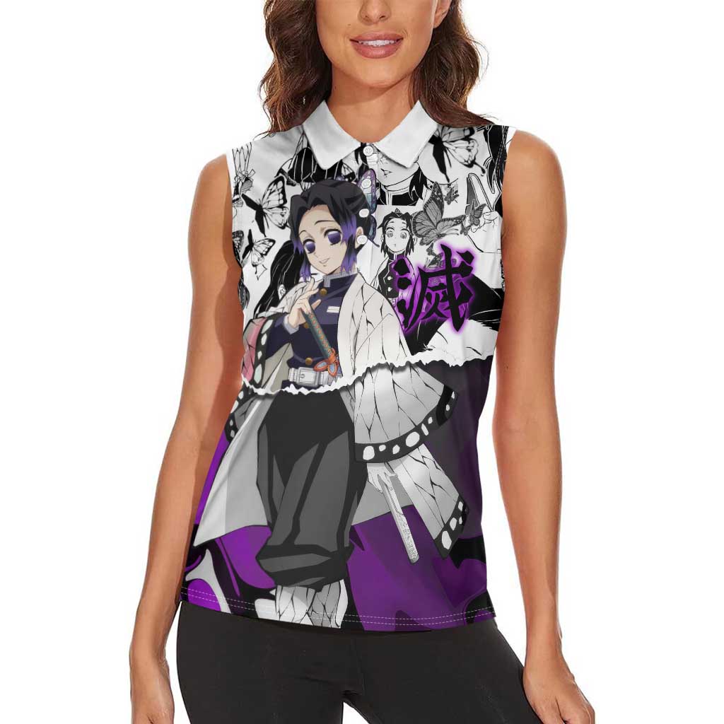 Shinobu Kocho Demon Slayer Butterfly Theme Women Sleeveless Polo Shirt with Purple Accents and Manga Collage Design - The Mazicc