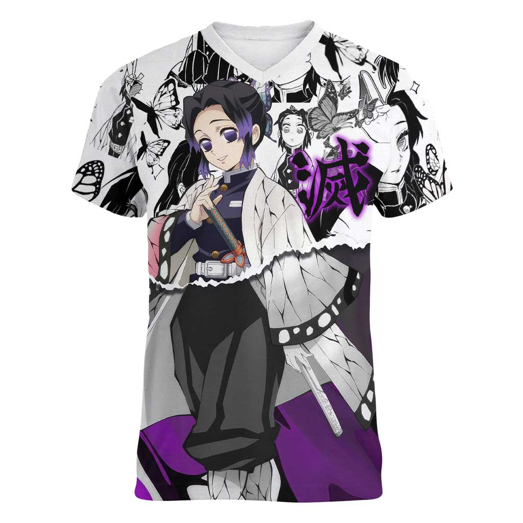 Shinobu Kocho Demon Slayer Butterfly Theme Women V-Neck T-Shirt with Purple Accents and Manga Collage Design - The Mazicc