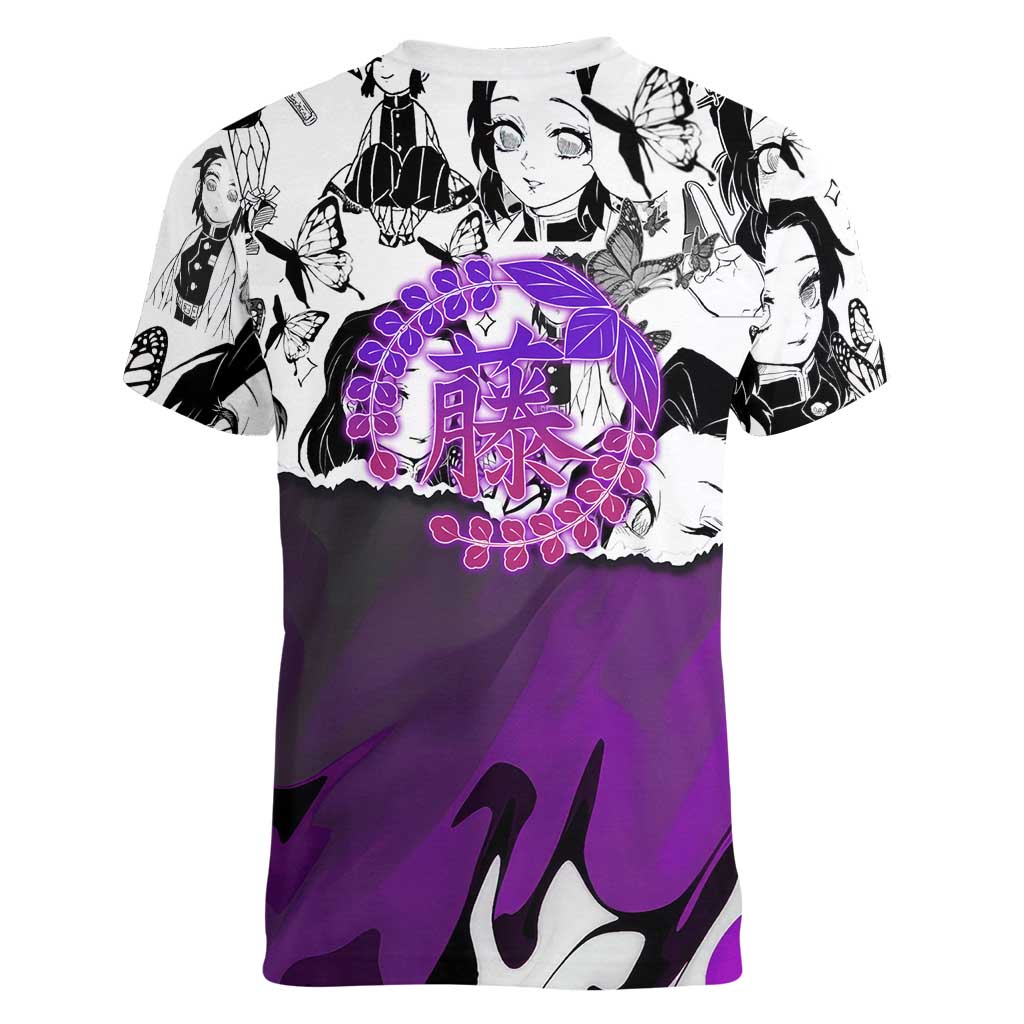 Shinobu Kocho Demon Slayer Butterfly Theme Women V-Neck T-Shirt with Purple Accents and Manga Collage Design - The Mazicc