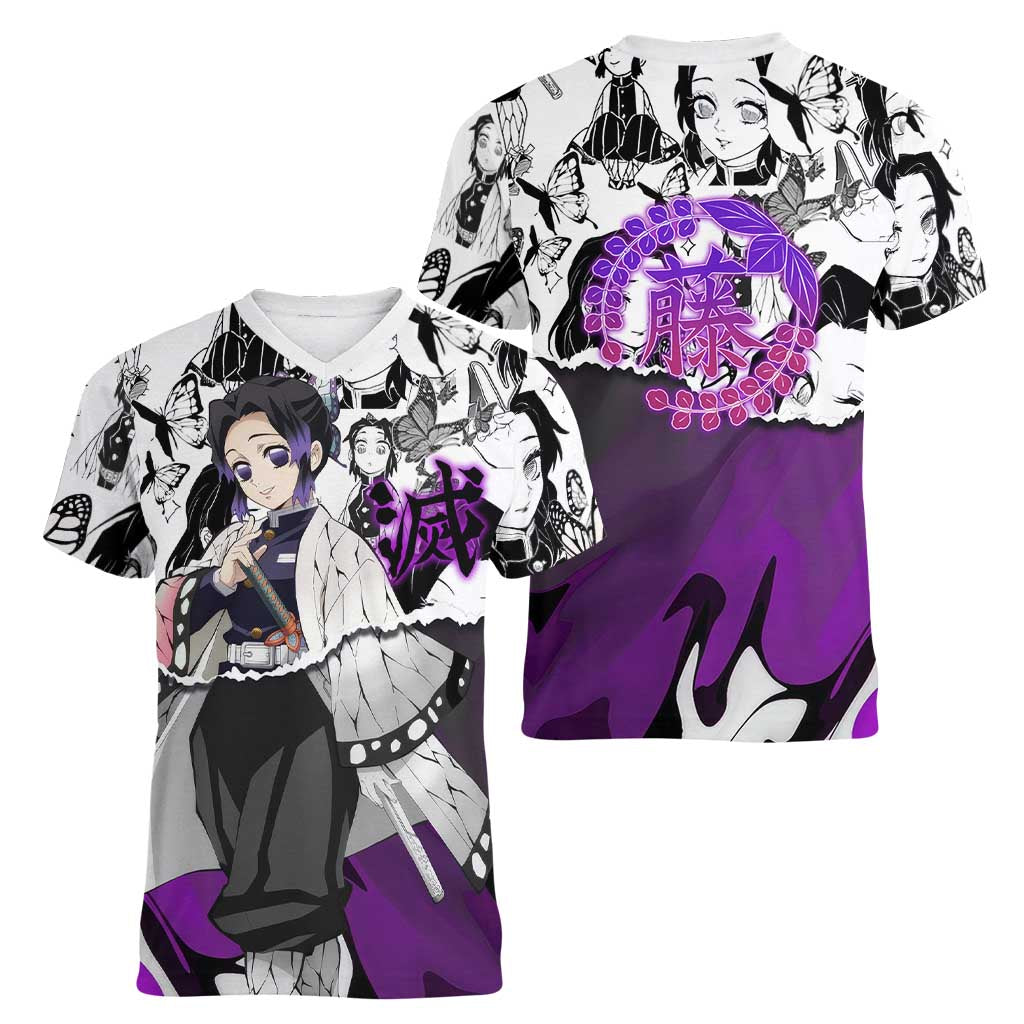 Shinobu Kocho Demon Slayer Butterfly Theme Women V-Neck T-Shirt with Purple Accents and Manga Collage Design - The Mazicc