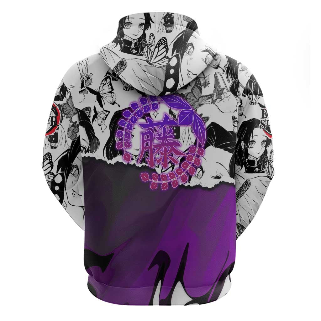 Shinobu Kocho Demon Slayer Butterfly Theme Zip Hoodie with Purple Accents and Manga Collage Design - The Mazicc