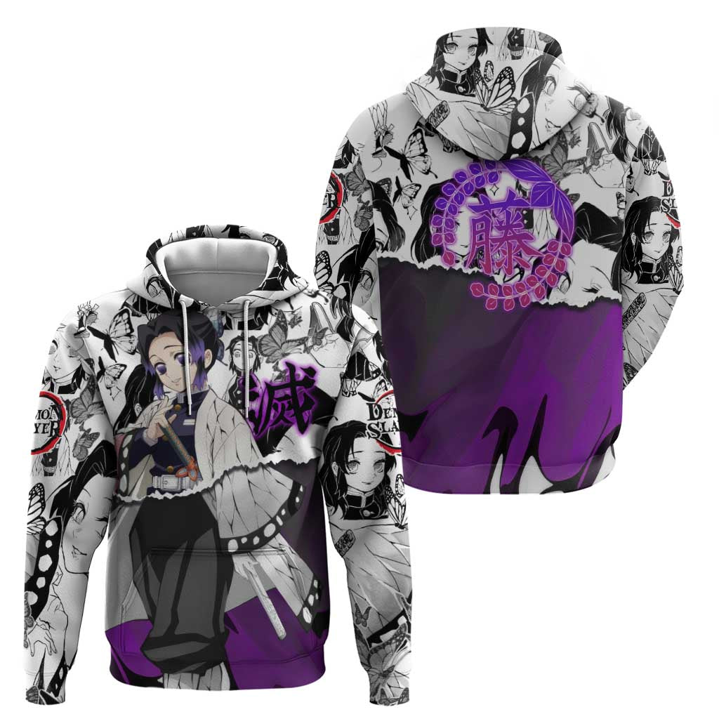 Shinobu Kocho Demon Slayer Butterfly Theme Zip Hoodie with Purple Accents and Manga Collage Design - The Mazicc