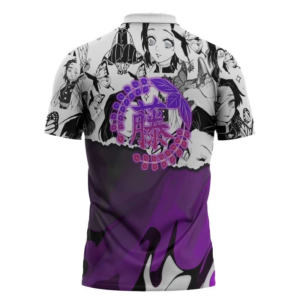 Shinobu Kocho Demon Slayer Butterfly Theme Zipper Polo Shirt with Purple Accents and Manga Collage Design - The Mazicc