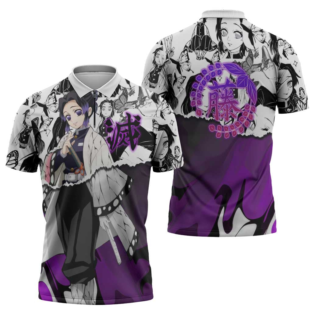 Shinobu Kocho Demon Slayer Butterfly Theme Zipper Polo Shirt with Purple Accents and Manga Collage Design - The Mazicc