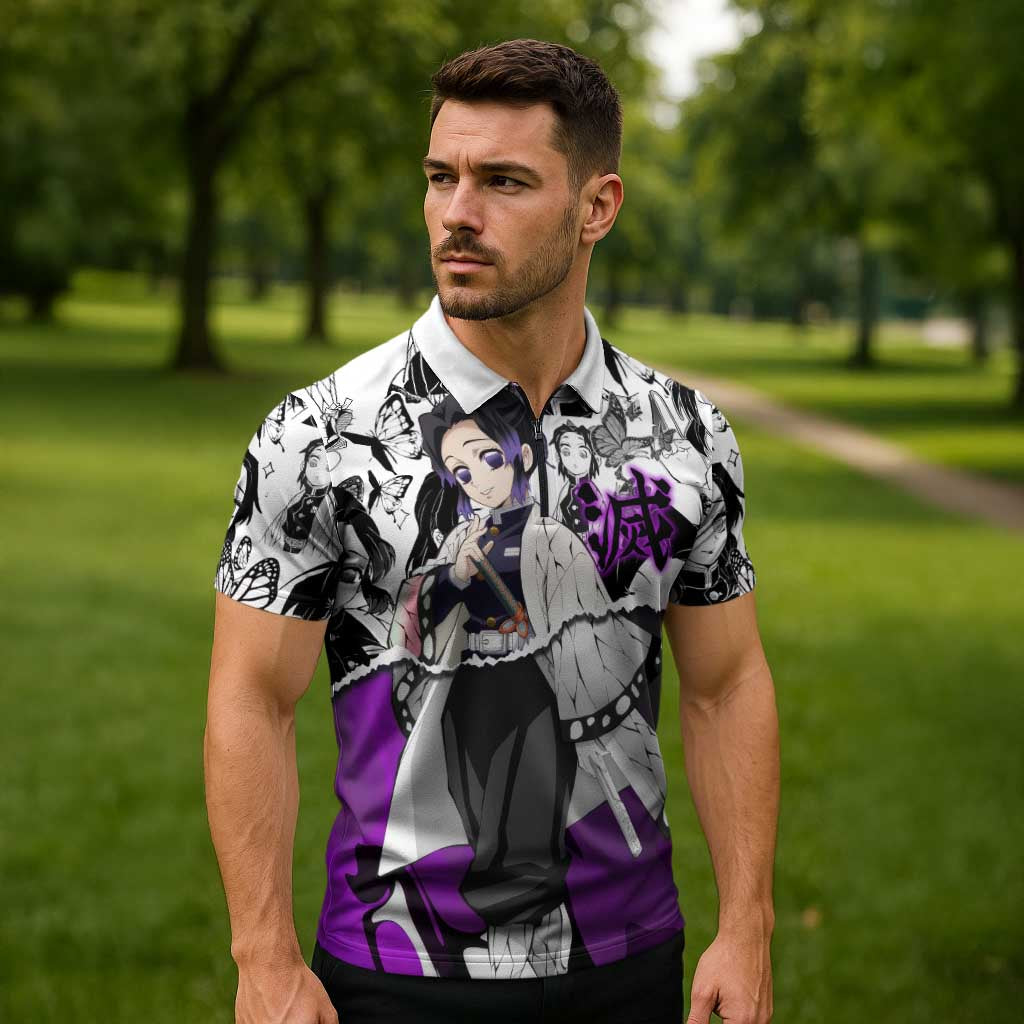 Shinobu Kocho Demon Slayer Butterfly Theme Zipper Polo Shirt with Purple Accents and Manga Collage Design - The Mazicc