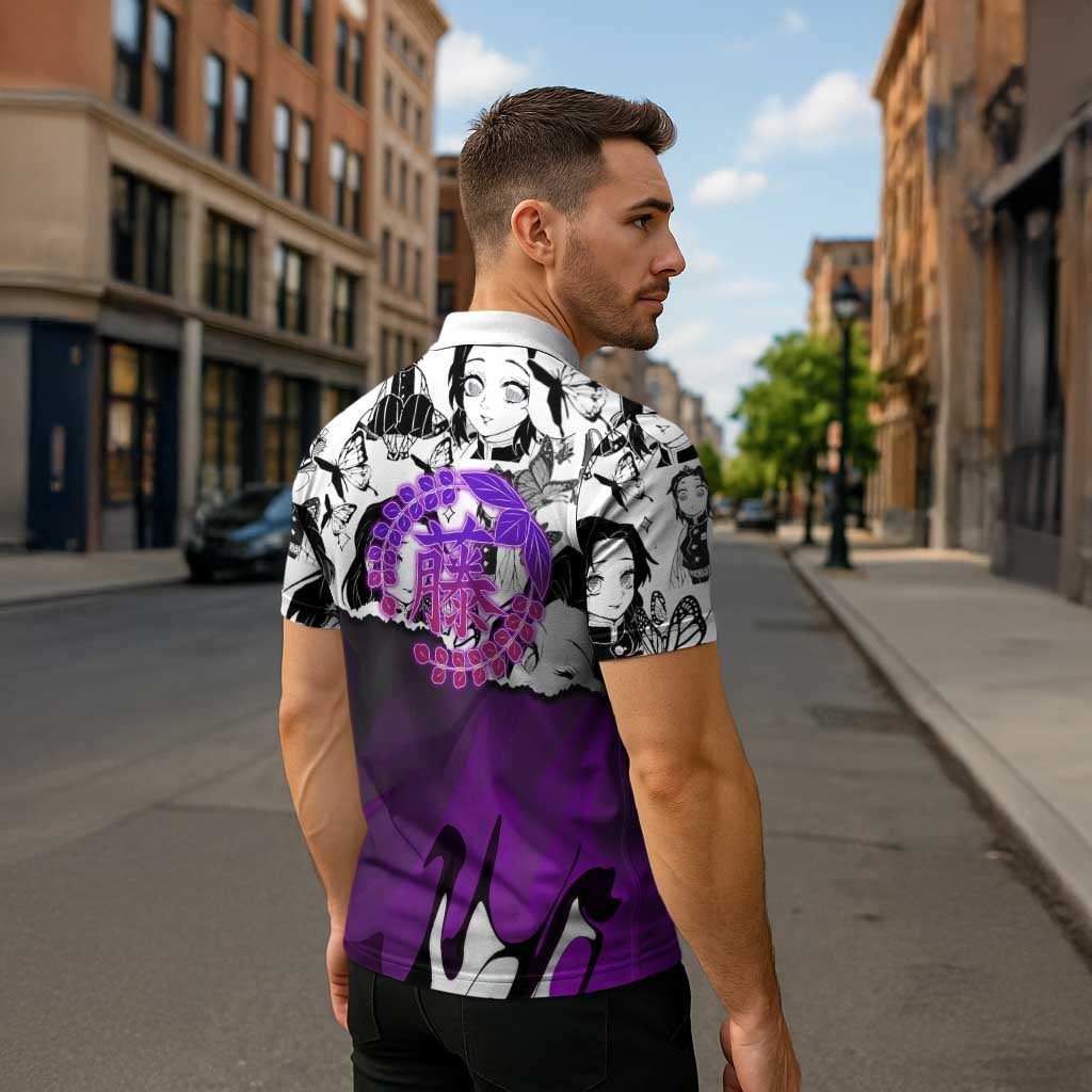 Shinobu Kocho Demon Slayer Butterfly Theme Zipper Polo Shirt with Purple Accents and Manga Collage Design - The Mazicc
