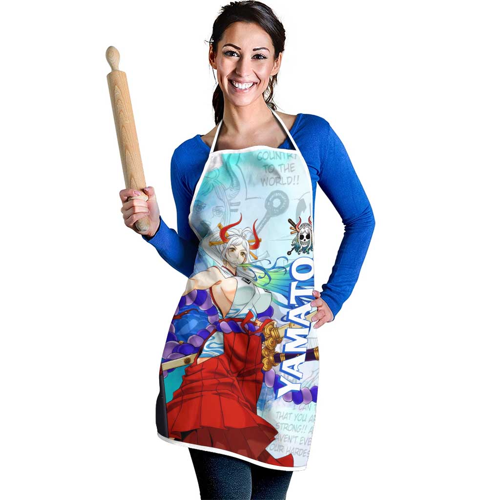Yamato One Piece Blue Cloud Theme Apron with Manga Panels and Oni Horn Character Design - The Mazicc