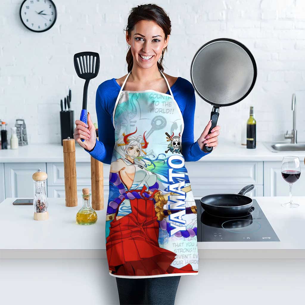 Yamato One Piece Blue Cloud Theme Apron with Manga Panels and Oni Horn Character Design - The Mazicc