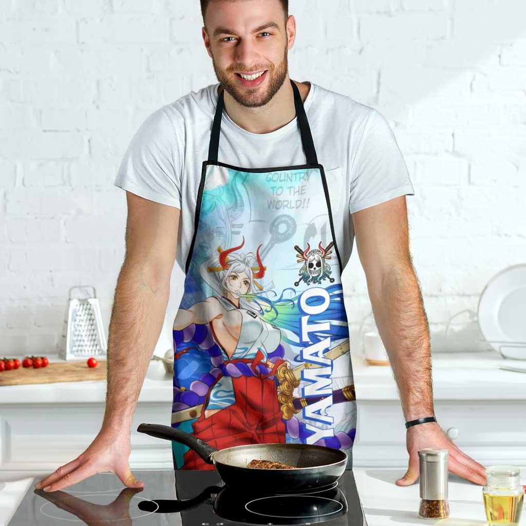 Yamato One Piece Blue Cloud Theme Apron with Manga Panels and Oni Horn Character Design - The Mazicc
