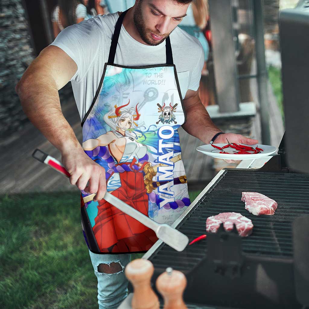 Yamato One Piece Blue Cloud Theme Apron with Manga Panels and Oni Horn Character Design - The Mazicc