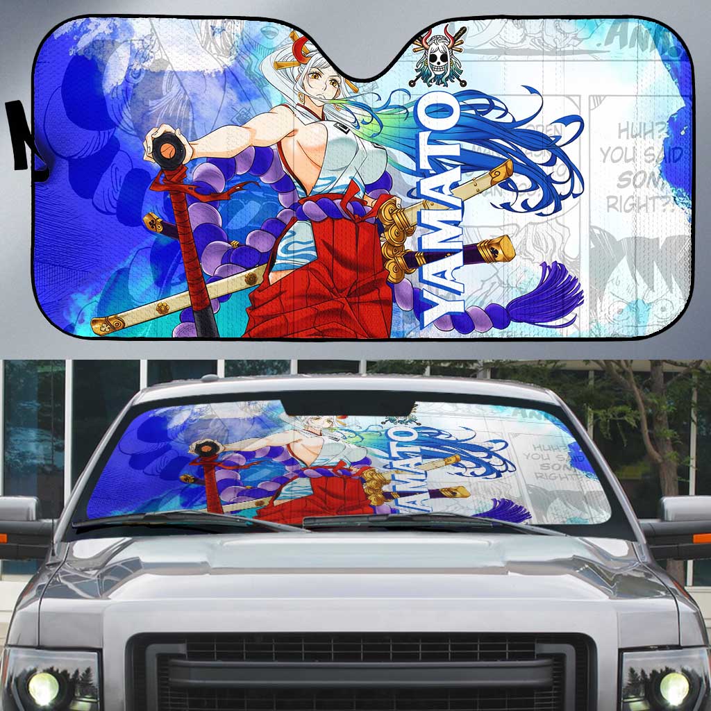 Yamato One Piece Blue Cloud Theme Auto Sun Shade with Manga Panels and Oni Horn Character Design - The Mazicc