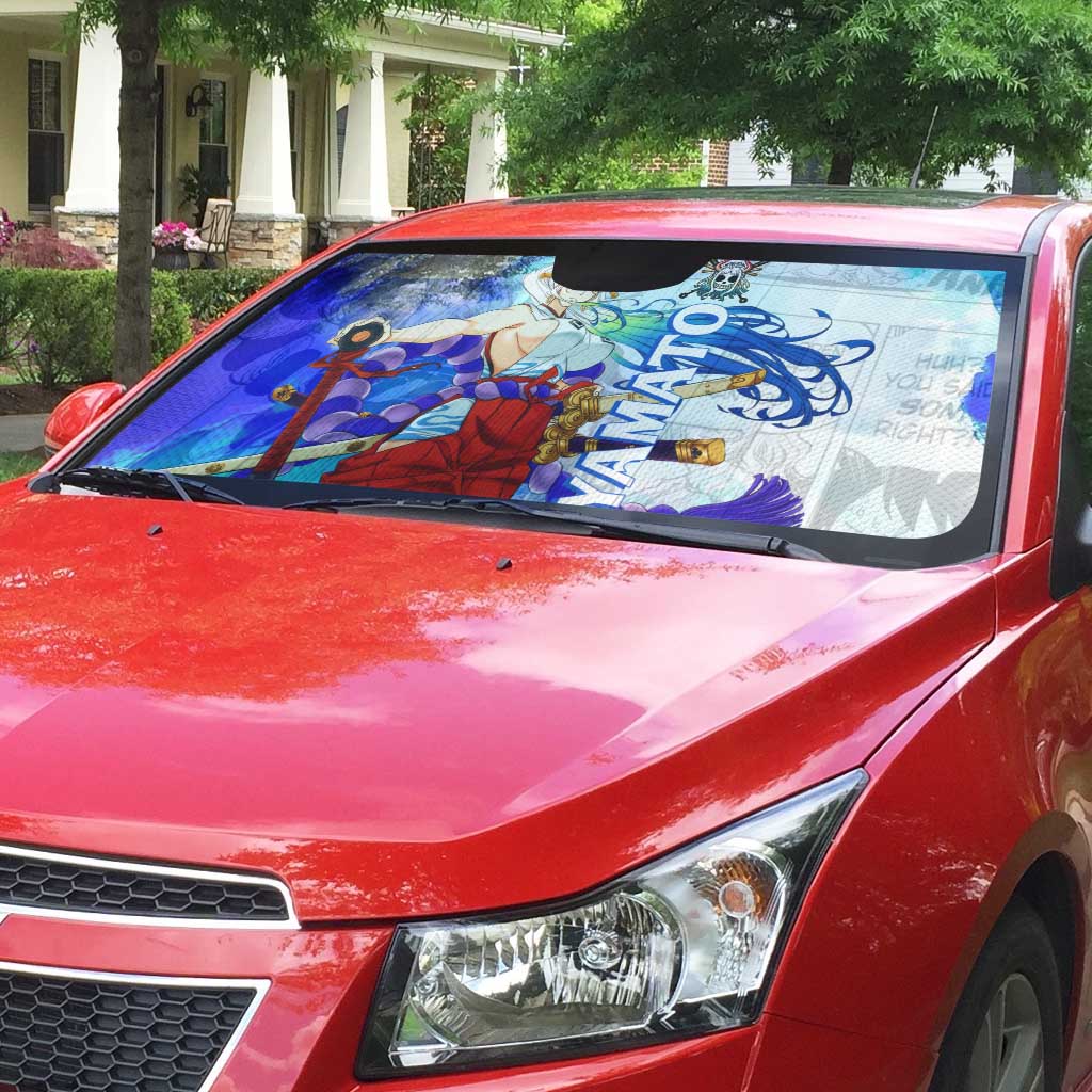 Yamato One Piece Blue Cloud Theme Auto Sun Shade with Manga Panels and Oni Horn Character Design - The Mazicc