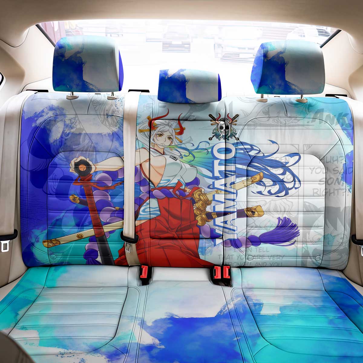 Yamato One Piece Blue Cloud Theme Back Car Seat Cover with Manga Panels and Oni Horn Character Design - The Mazicc
