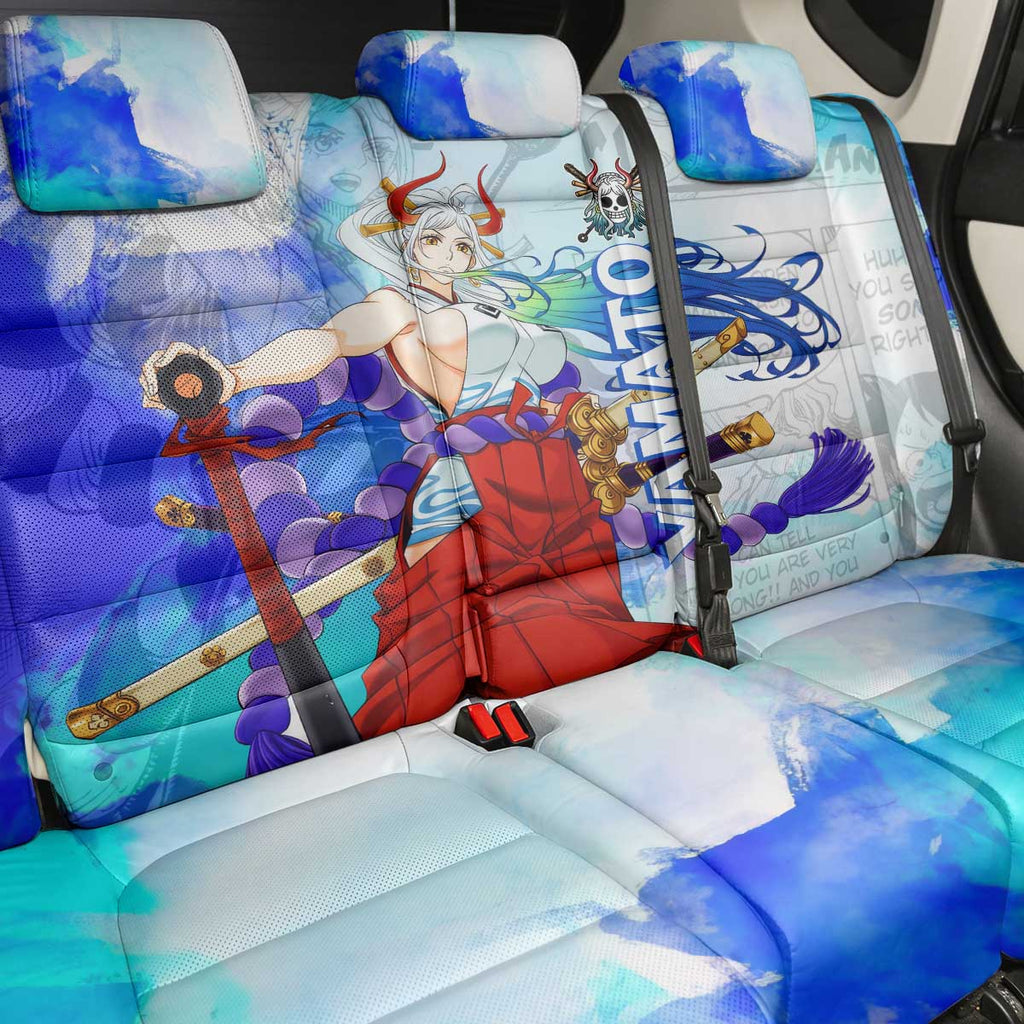 Yamato One Piece Blue Cloud Theme Back Car Seat Cover with Manga Panels and Oni Horn Character Design - The Mazicc