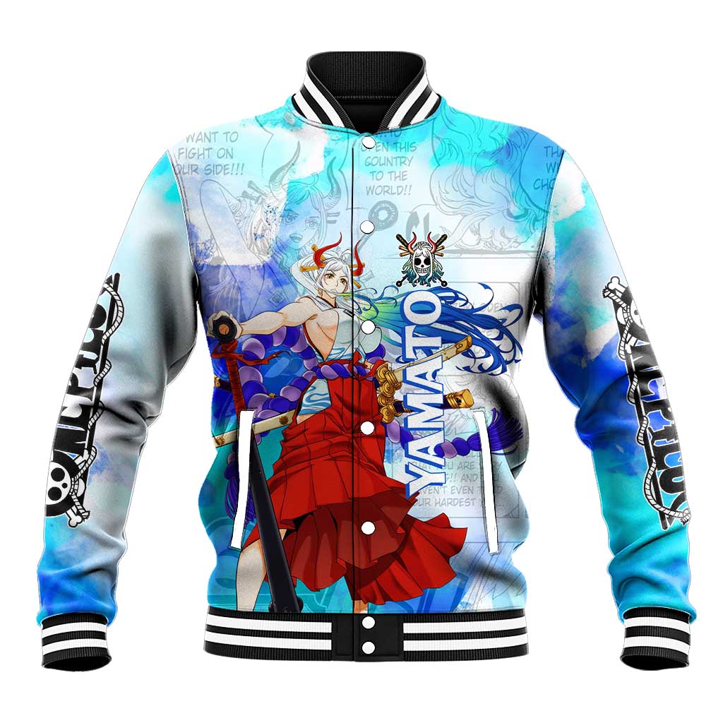 Yamato One Piece Blue Cloud Theme Baseball Jacket with Manga Panels and Oni Horn Character Design - The Mazicc