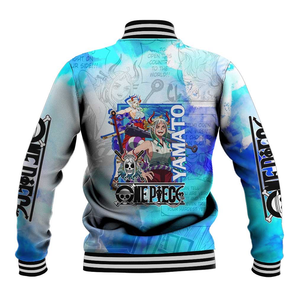Yamato One Piece Blue Cloud Theme Baseball Jacket with Manga Panels and Oni Horn Character Design - The Mazicc