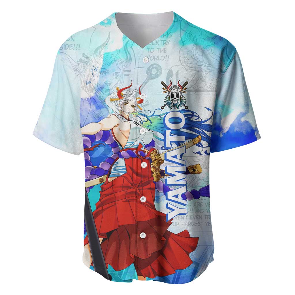 Yamato One Piece Blue Cloud Theme Baseball Jersey with Manga Panels and Oni Horn Character Design - The Mazicc