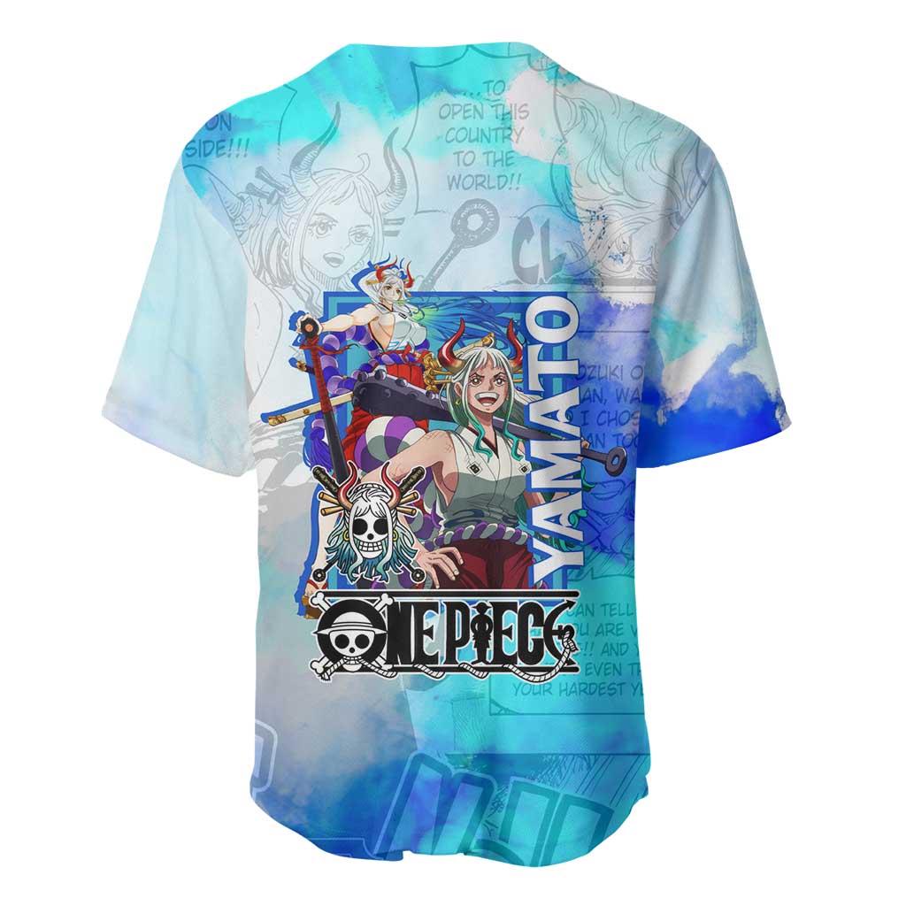 Yamato One Piece Blue Cloud Theme Baseball Jersey with Manga Panels and Oni Horn Character Design - The Mazicc