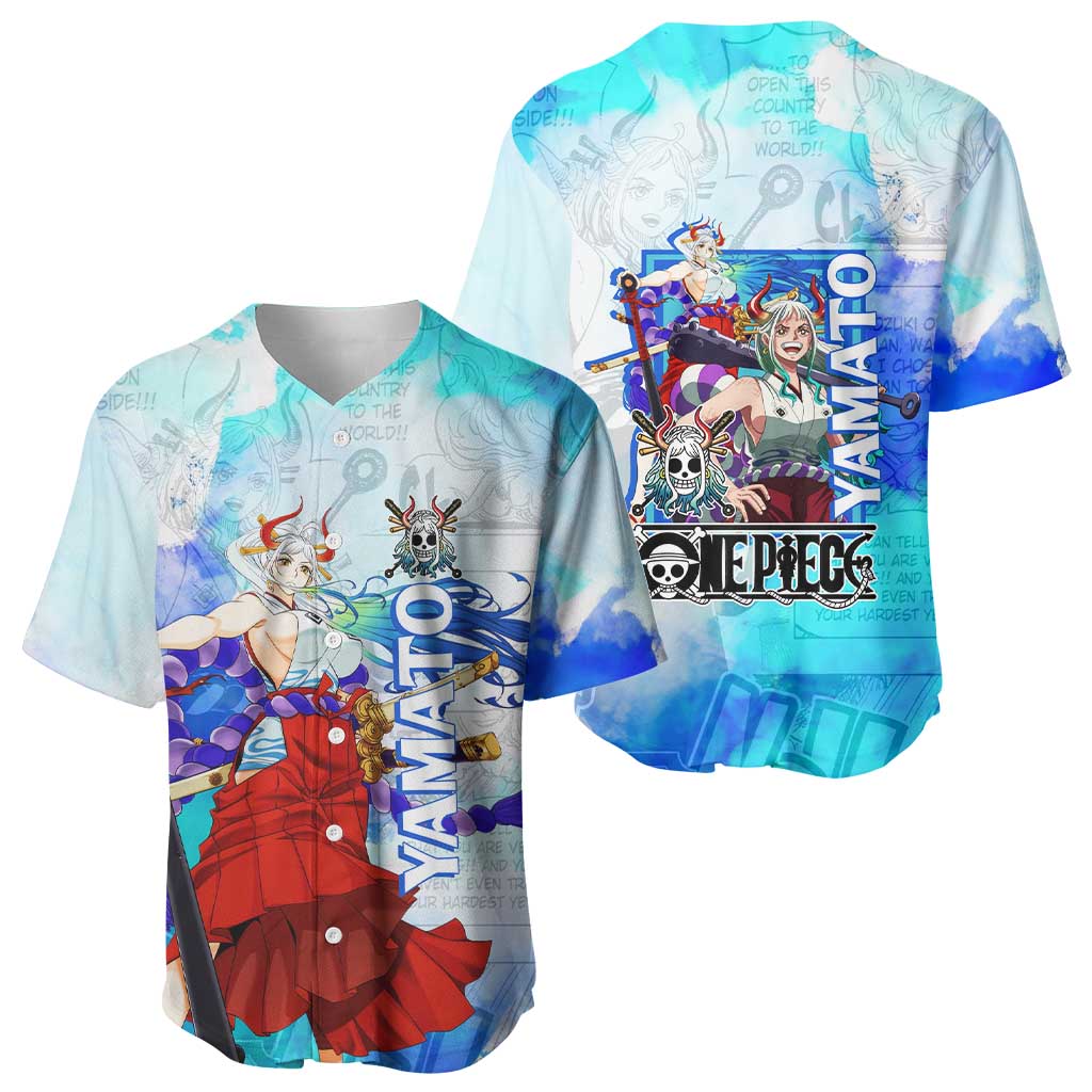 Yamato One Piece Blue Cloud Theme Baseball Jersey with Manga Panels and Oni Horn Character Design - The Mazicc