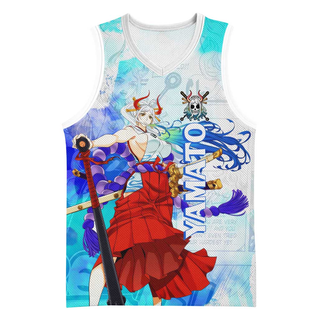 Yamato One Piece Blue Cloud Theme Basketball Jersey with Manga Panels and Oni Horn Character Design - The Mazicc