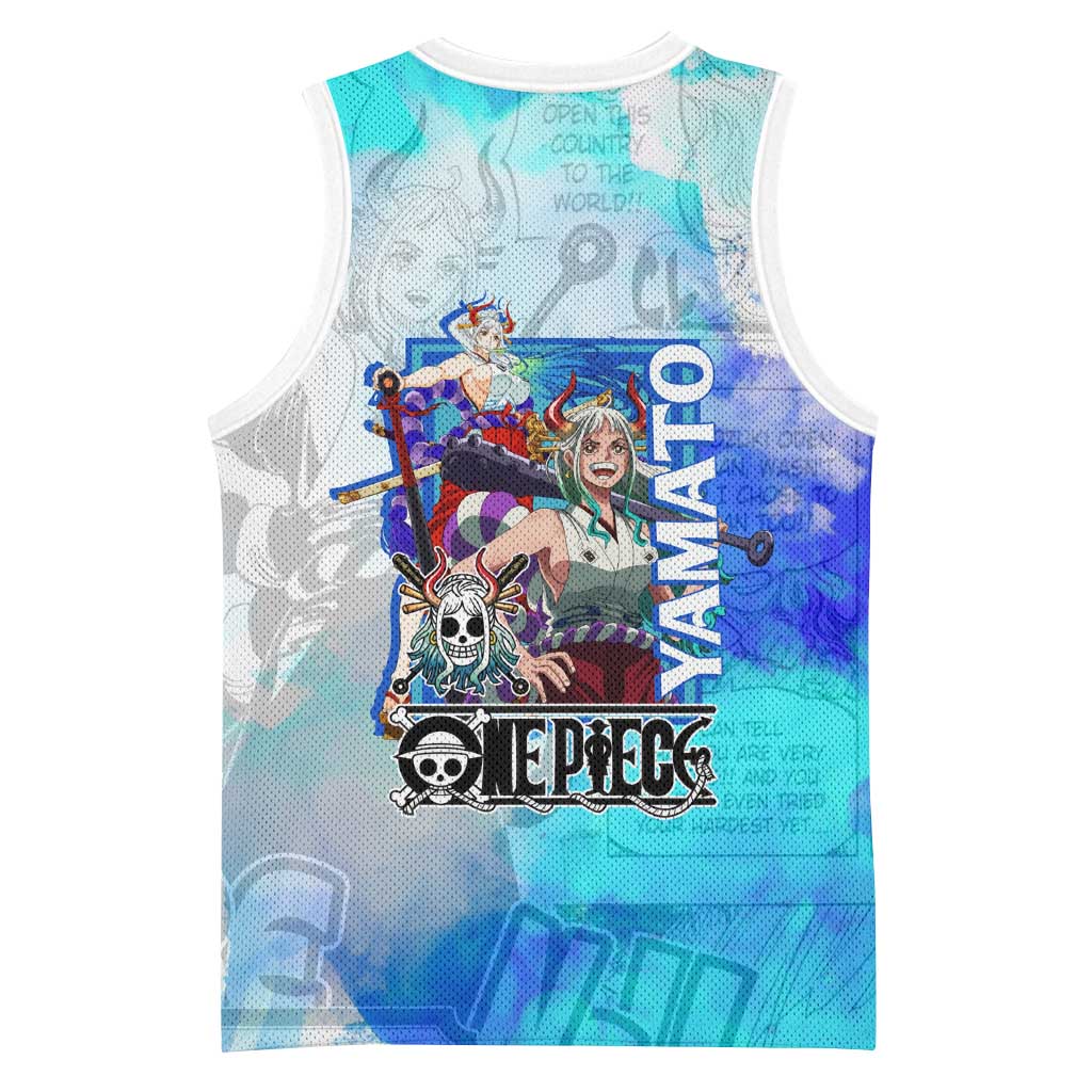 Yamato One Piece Blue Cloud Theme Basketball Jersey with Manga Panels and Oni Horn Character Design - The Mazicc