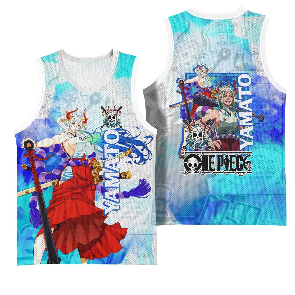 Yamato One Piece Blue Cloud Theme Basketball Jersey with Manga Panels and Oni Horn Character Design - The Mazicc
