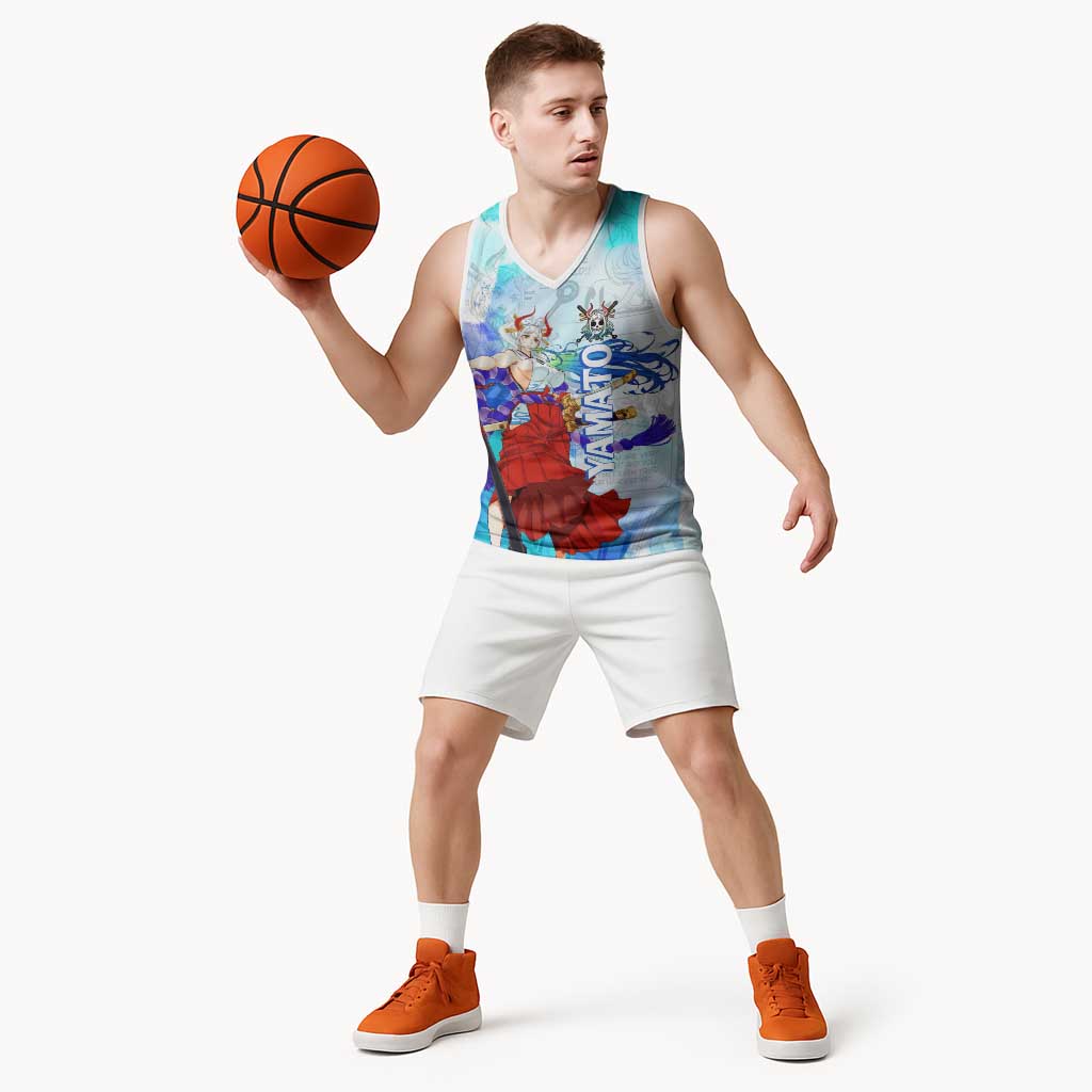 Yamato One Piece Blue Cloud Theme Basketball Jersey with Manga Panels and Oni Horn Character Design - The Mazicc