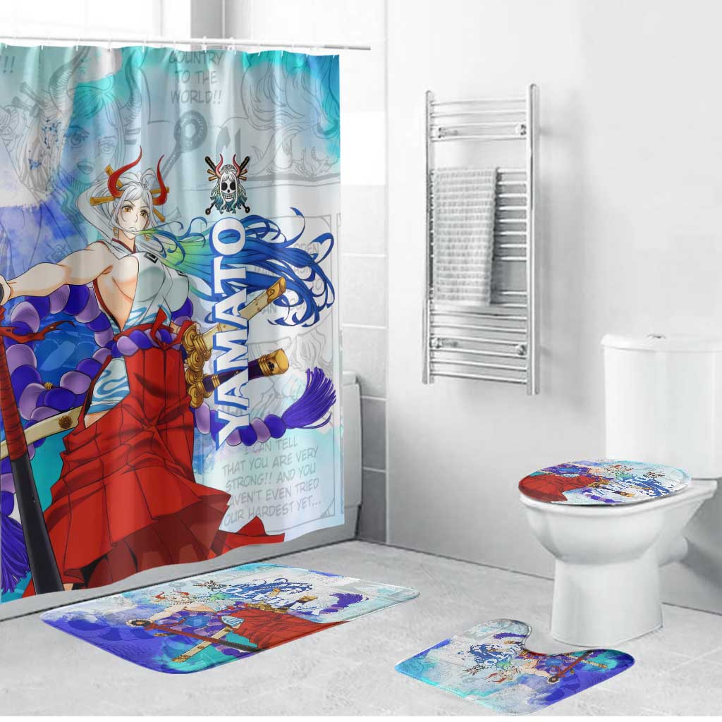 Yamato One Piece Blue Cloud Theme Bathroom Set with Manga Panels and Oni Horn Character Design - The Mazicc