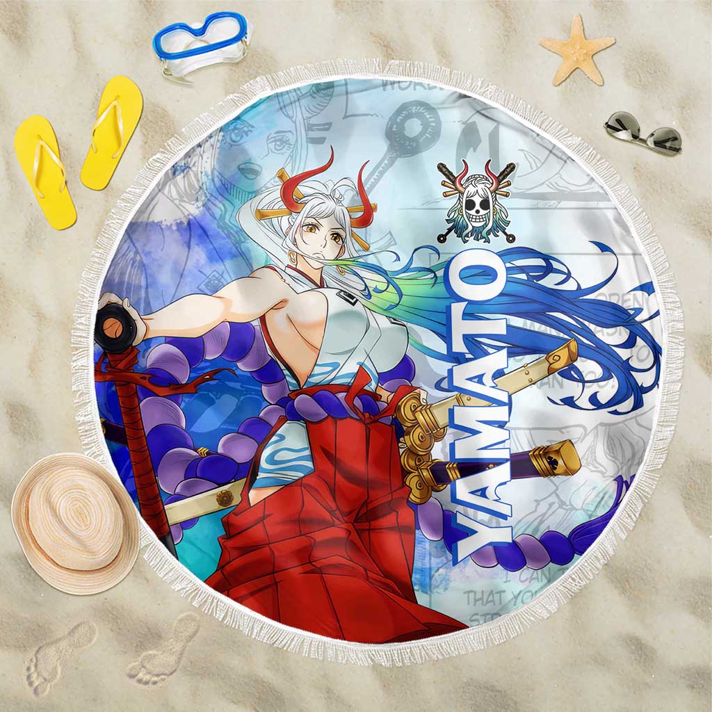 Yamato One Piece Blue Cloud Theme Beach Blanket with Manga Panels and Oni Horn Character Design - The Mazicc
