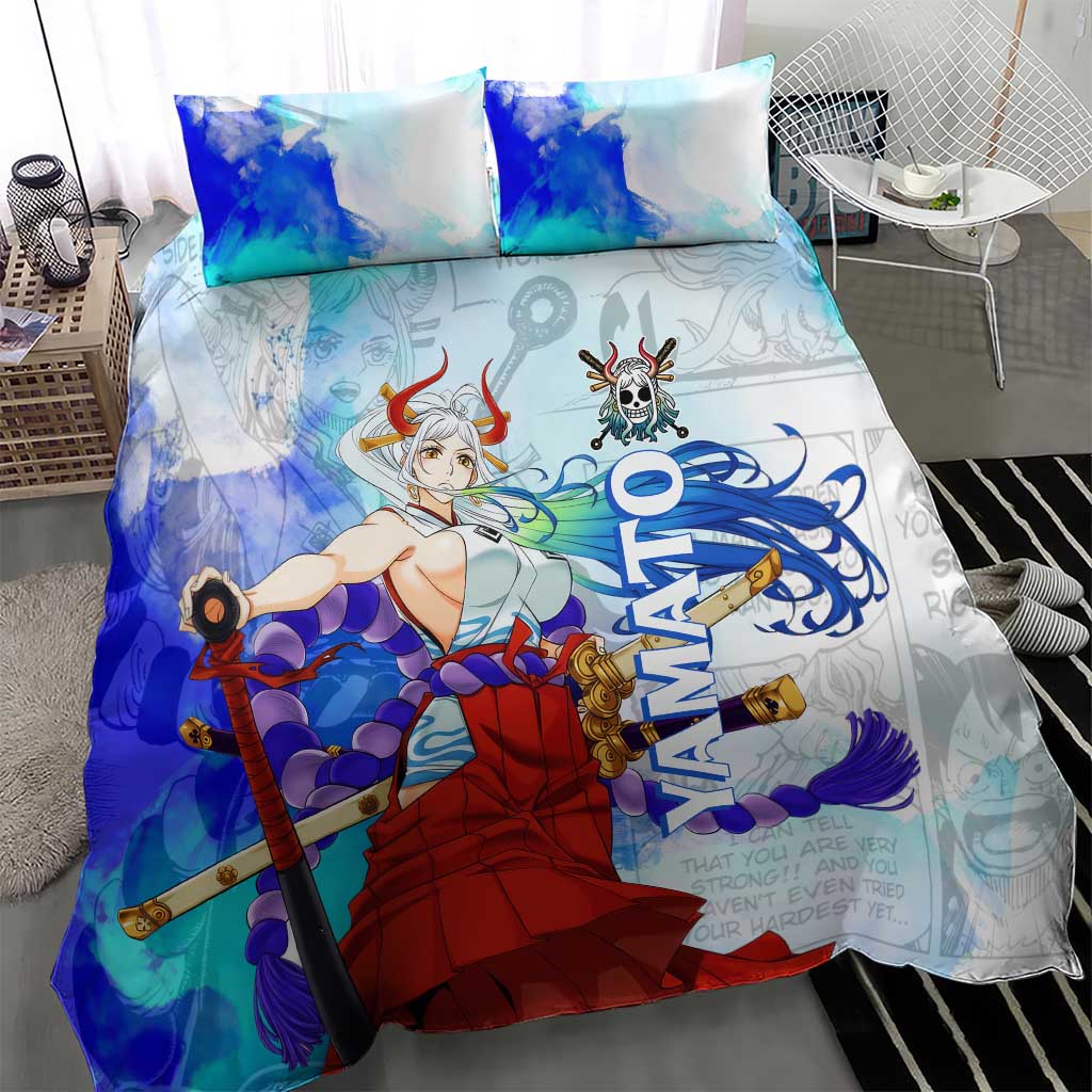 Yamato One Piece Blue Cloud Theme Bedding Set with Manga Panels and Oni Horn Character Design - The Mazicc