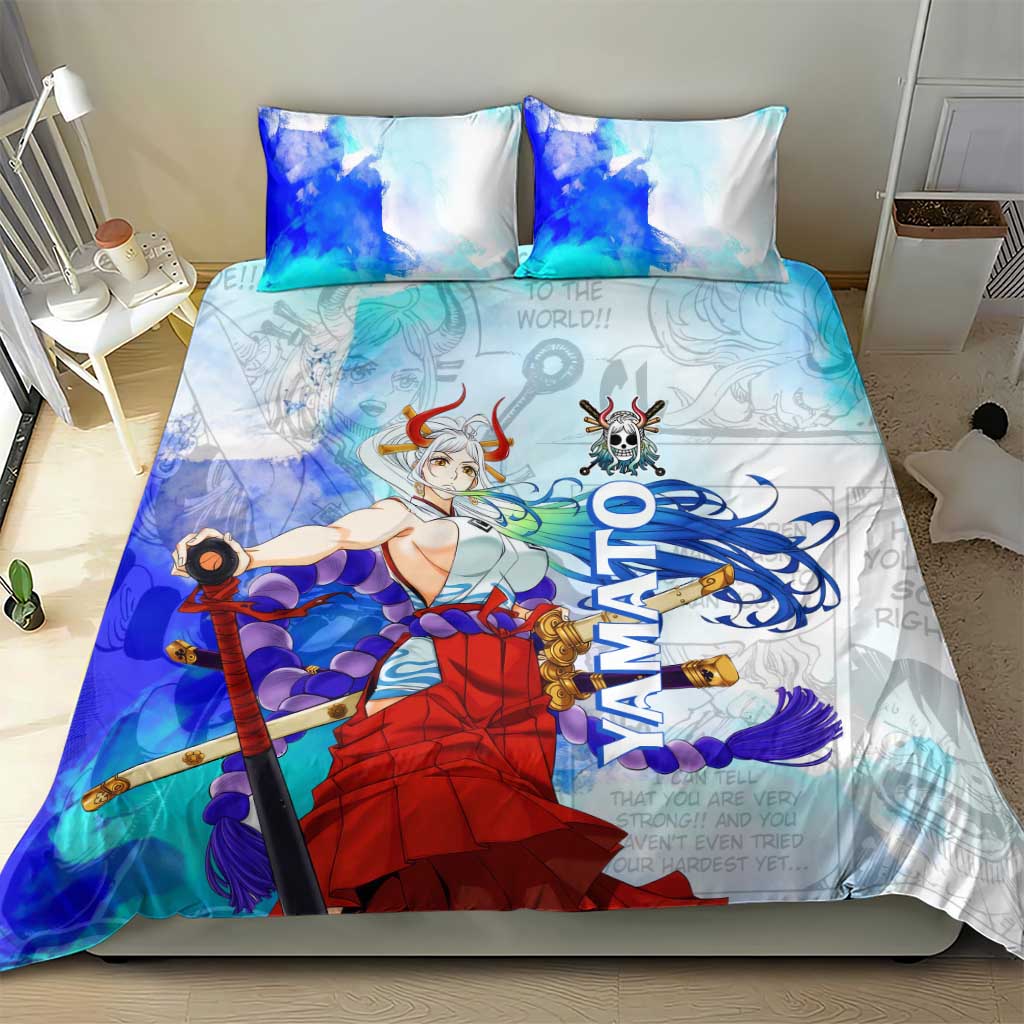Yamato One Piece Blue Cloud Theme Bedding Set with Manga Panels and Oni Horn Character Design - The Mazicc