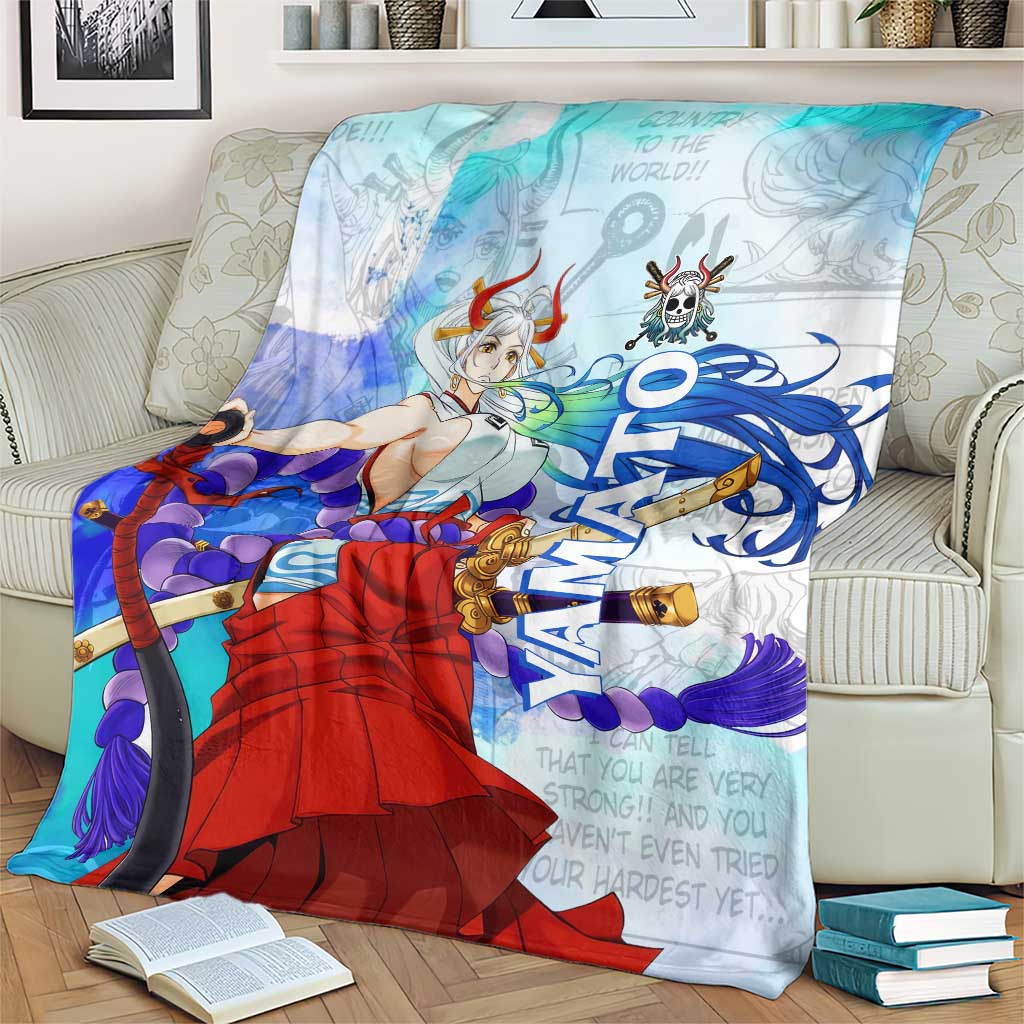 Yamato One Piece Blue Cloud Theme Blanket with Manga Panels and Oni Horn Character Design - The Mazicc