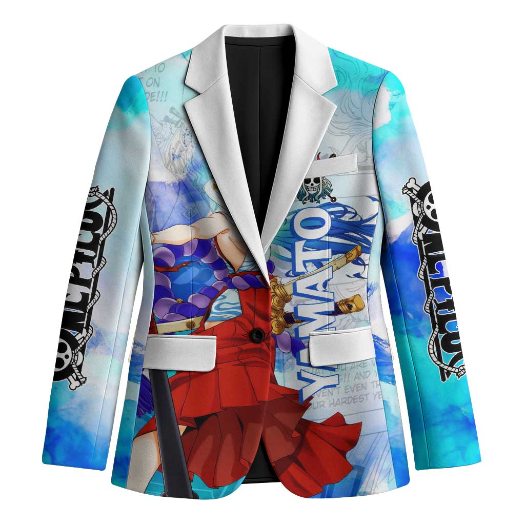 Yamato One Piece Blue Cloud Theme Blazer with Manga Panels and Oni Horn Character Design - The Mazicc