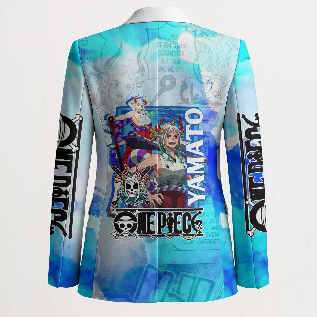 Yamato One Piece Blue Cloud Theme Blazer with Manga Panels and Oni Horn Character Design - The Mazicc