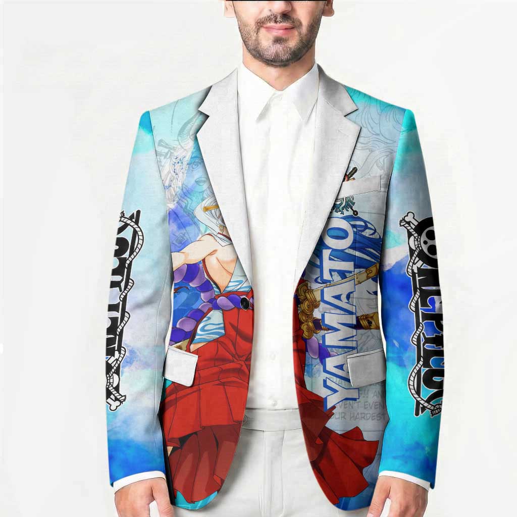 Yamato One Piece Blue Cloud Theme Blazer with Manga Panels and Oni Horn Character Design - The Mazicc