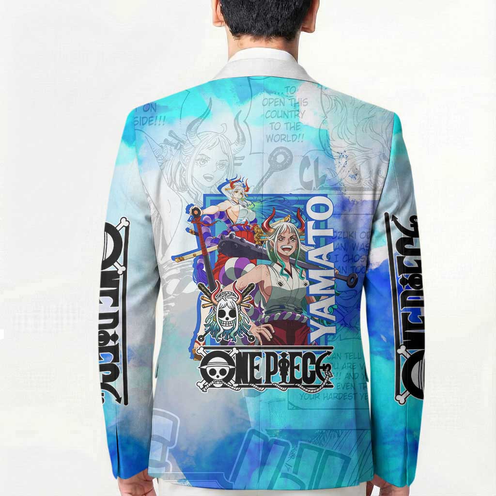 Yamato One Piece Blue Cloud Theme Blazer with Manga Panels and Oni Horn Character Design - The Mazicc
