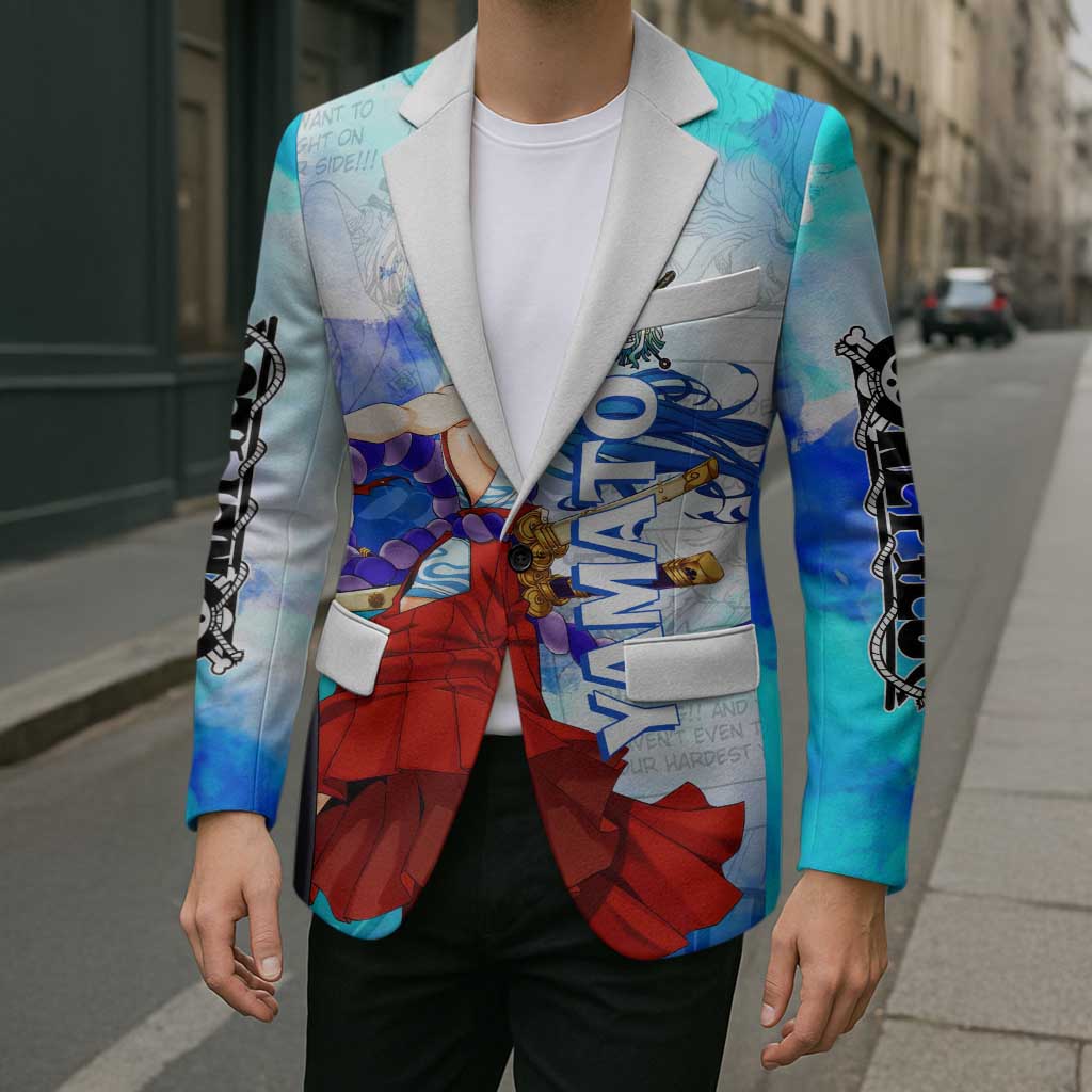 Yamato One Piece Blue Cloud Theme Blazer with Manga Panels and Oni Horn Character Design - The Mazicc