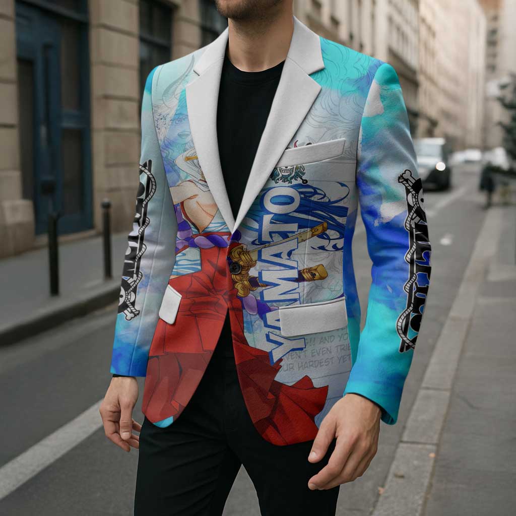 Yamato One Piece Blue Cloud Theme Blazer with Manga Panels and Oni Horn Character Design - The Mazicc