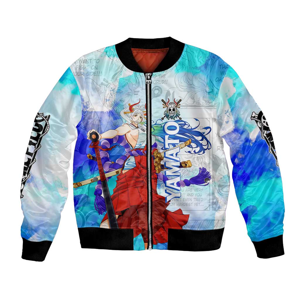 Yamato One Piece Blue Cloud Theme Bomber Jacket with Manga Panels and Oni Horn Character Design - The Mazicc