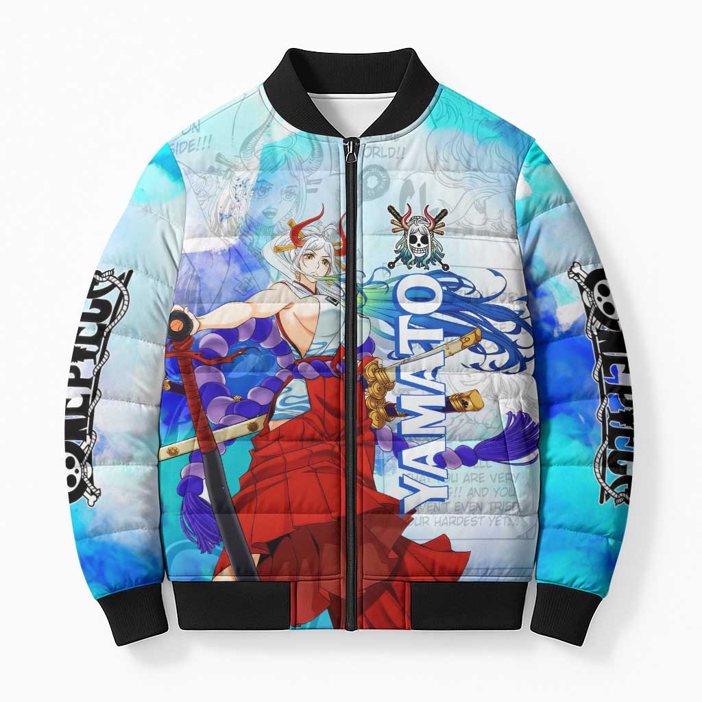 Yamato One Piece Blue Cloud Theme Bomber Puffer Jacket with Manga Panels and Oni Horn Character Design - The Mazicc